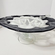 Vtg MCM Handmade Fused Glass Bowl Black White Abstract, 12" Art Bowl