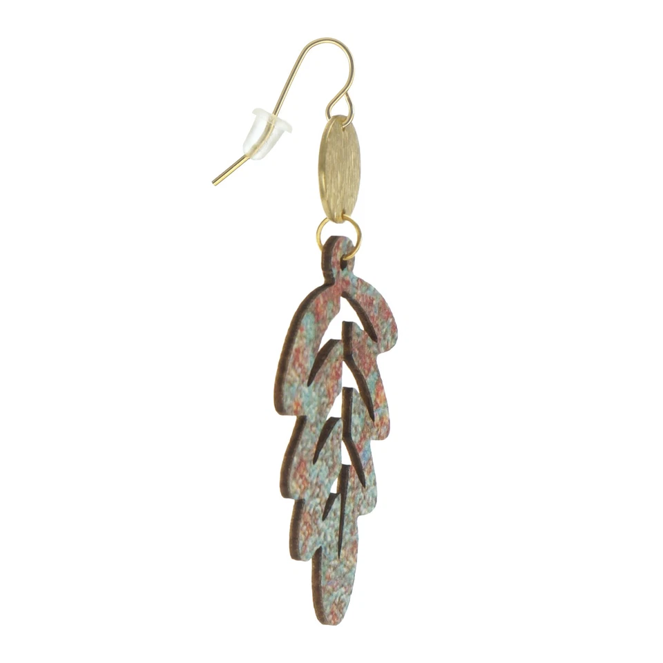 Pendientes Boho Rústicos Multicolor Hoja de Madera y Oro, Alambres para Orejas de Oro 18K Foto 4 de 4