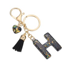 Initial Letter Keychain Cute Letter-H Bling Love Tassel Floral Charm Black