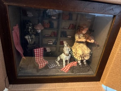 Vintage 3D Diorama Frame, Girl Playing Violin With Dog In Library