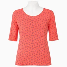 J Jill Pima Slub Elbow Sleeve Tee Shirt Womens Orange Floral Scoop Neck Size XL