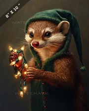 8x10 Matte Print Mongoose in Elf Costume Holding Decorative String (PNG)