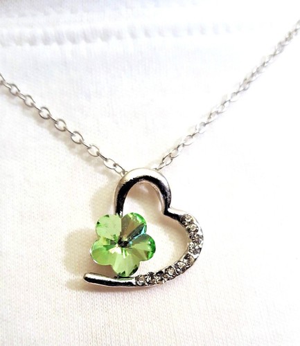 Heart & Flower Necklace Silver-Plated 18" Rolo Chain Green Blue or Crystal - Picture 9 of 18