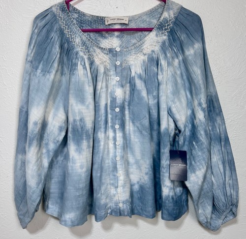 NWT Lucky Brand Embroidered Peasant Blouse Size Medium Blue White Tie Dye Boho i