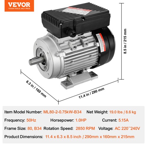 VEVOR Motore Elettrico 2,2KW 2800 Giri/min 220~240V 13,8A Monofase Chiave 24mm - Foto 7 di 12