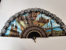 VTG Ladies Hand Fan, Cloth, Black Lace, Plastic Rib, Made in Spain BARCELONA