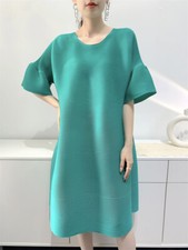 Summer Dress Women Loose Fit Pleated Dress Crew Neck Casual Simple Dress Gown