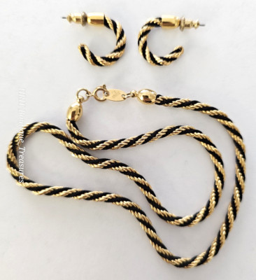 Vintage Signed TRIFARI Black & Gold Twisted Rope Necklace & Pierced Earrings Set