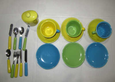 Alex 20 mixed pieces child's ceramic play dishes cups silverware