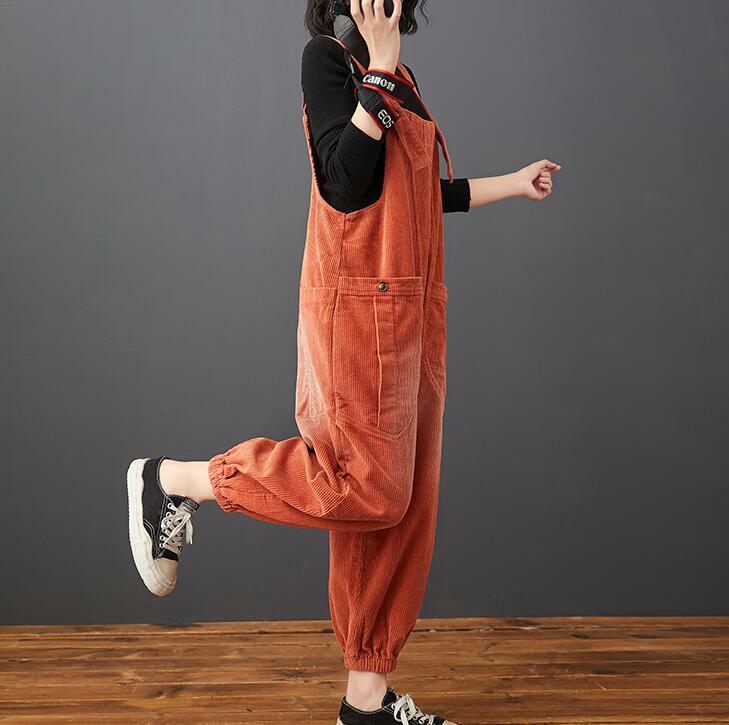 New Women Oversized Suspender Pants Jumpsuit Corduroy Bib
