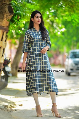 Women kurta kurti Long shrug Dress Indian top tees tunic check gown new  S-2XL | eBay