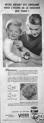 WERBUNG 1957 VICKS VAPORUB GEGEN DIE ERKÄLTUNG IHRES KINDES VOR DEM SCHLAFENGEHEN
