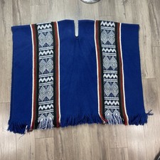 Vintage Horses Mexican Serape Knit Poncho Camp Blanket Wrap Shawl Blue Design