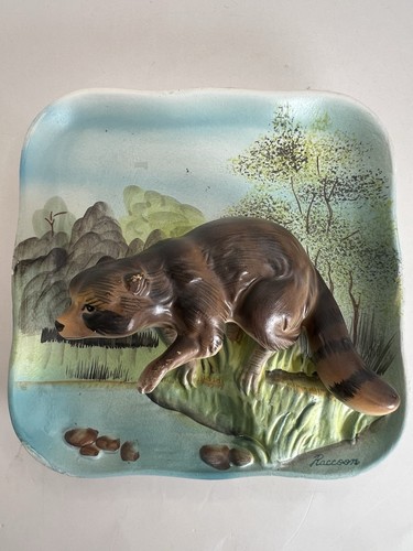 Vintage Napco 3D Waschbär Teller Wanddeko Plaketten Japan