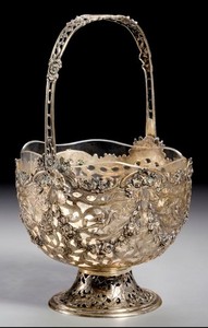 10” Nice Antique 19thc Germany 800 Silver Open Work Handle Basket Flowers Birds