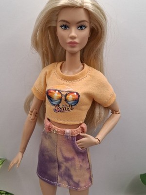   Jeansrosa Rock und orangefarbenes Oberteil für Barbie Größe Puppe - Handarbeit B