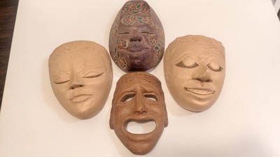 Set of 4 Vintage Hand-Carved Wooden Decorative Masks Bali Style & Greek Tragedy