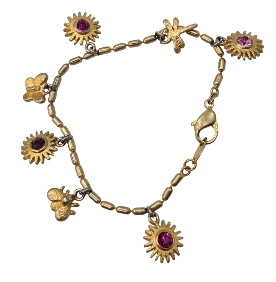 Pulsera con dije en tono dorado con dijes de mariposa y libélula de girasol + gema rosa ac Foto 2 de 2
