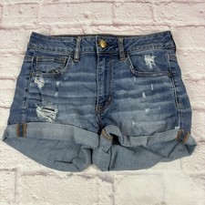 American Eagle Shorts Womens 6 Blue Hi-Rise Shortie Distressed Denim Cutoff