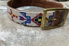 Native American Handcrafted Glass Beaded Leather Belt Brass Buckle