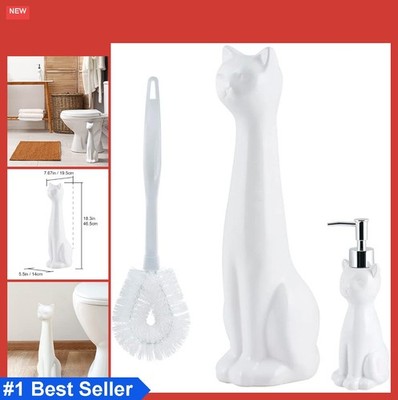 Cat Toilet Brush Holder 3 Piece Set Ceramic White Plastic Scrub Brush Soap