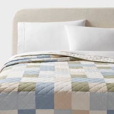 Full/Queen Pieced Patchwork Quilt Blue/Ivory/Green - Threshold: Cotton Fabric,