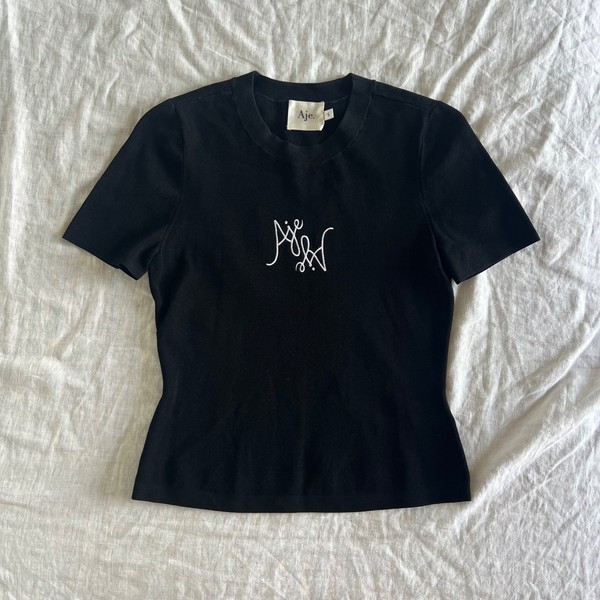 Aje Prophecy Knit Logo Baby Tee Black Viscose Blend Ribbed Fitted Top Size S