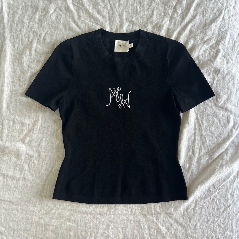 Aje Prophecy Knit Logo Baby Tee Black Viscose Blend Ribbed Fitted Top Size S