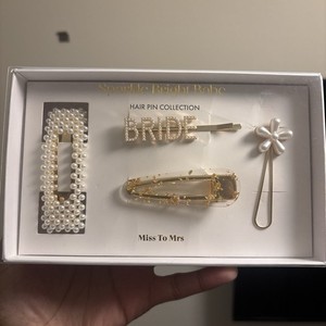 Miss To Mrs BRIDE Sparkle Bright Babe Pearl Hair Pin Set Gold White Clear