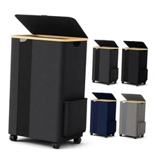  Laundry Basket Slim Laundry Hamper with Wheels Lid, Collapsible 75L Gray