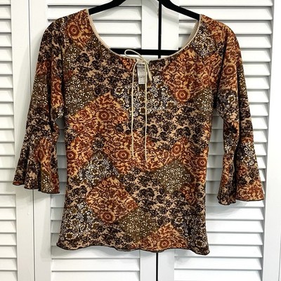 VTG Y2K Papara Flare Sleeve Top Brown Orange Floral Pattern Grunge Peasant Sz S