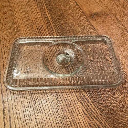Vintage 8.75" x 5" Federal Glass Clear Ribbed Refrigerator Dish Lid With Knob
