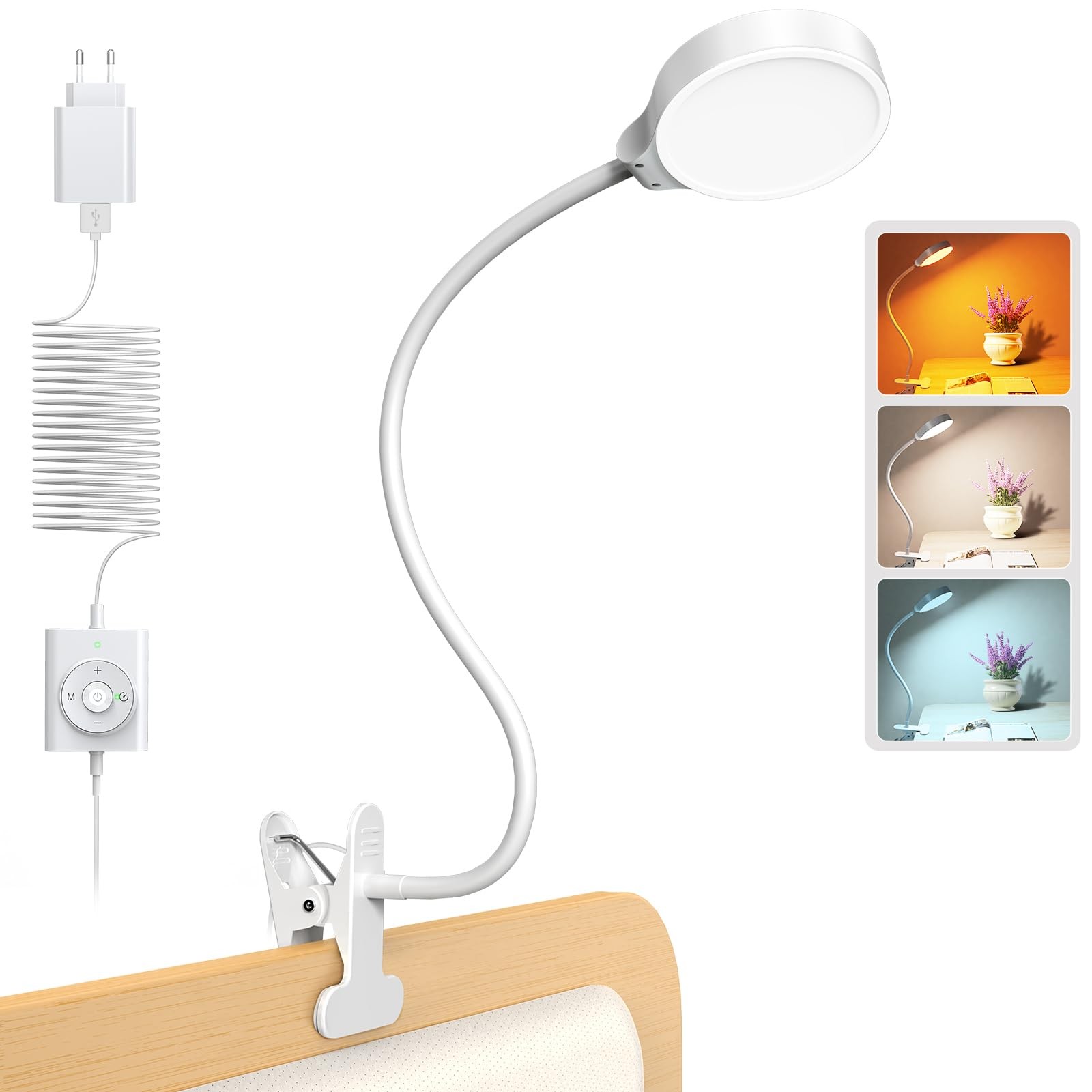 Lampe pince pour lit et lecture nocturne avec col de cygne flexible LED