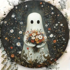 Vintage Ghost & Floral Aluminum Wall Art - 8x8 Inch Round Metal Sign with Eerie