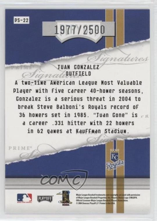 2004 Playoff Honors Prime Signatures /2500 Juan Gonzalez #PS-22 - Image 2 of 2