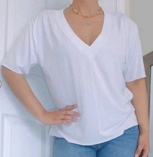 Splendid Womens Kate Small White V-Neck Relaxed Tee T-Shirt Top Short Sleeve