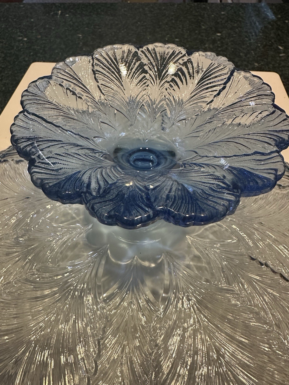 L.E.Smith Powder Blue PLUME Rolled Scallop Edge Pedestal  Cake Stand-13" W/LABEL