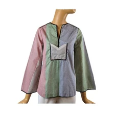 Bugaboo 70s cotton flare sleeve blouse geometric multicolor front pocket pull on