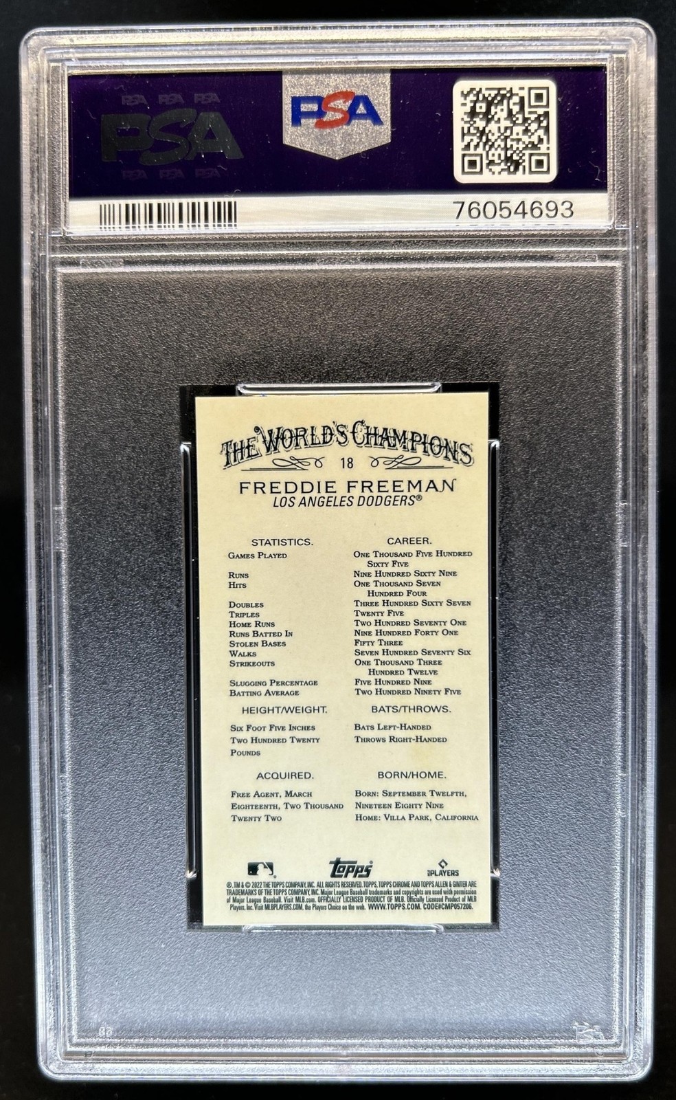 2022 Topps Allen & Ginter Chrome Freddie Freeman Mini Refractor #18 PSA 10 view 2