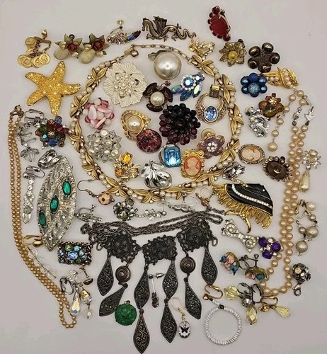 Nice VTG Rhinestone Costume Jewelry Craft Harvest Lot AB Carved Jade Faux Pearls