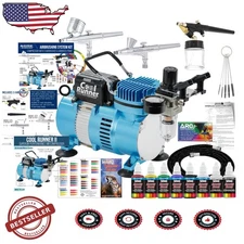 Deluxe Airbrush System: Dual Fan Compressor, 3 Airbrushes, Paint