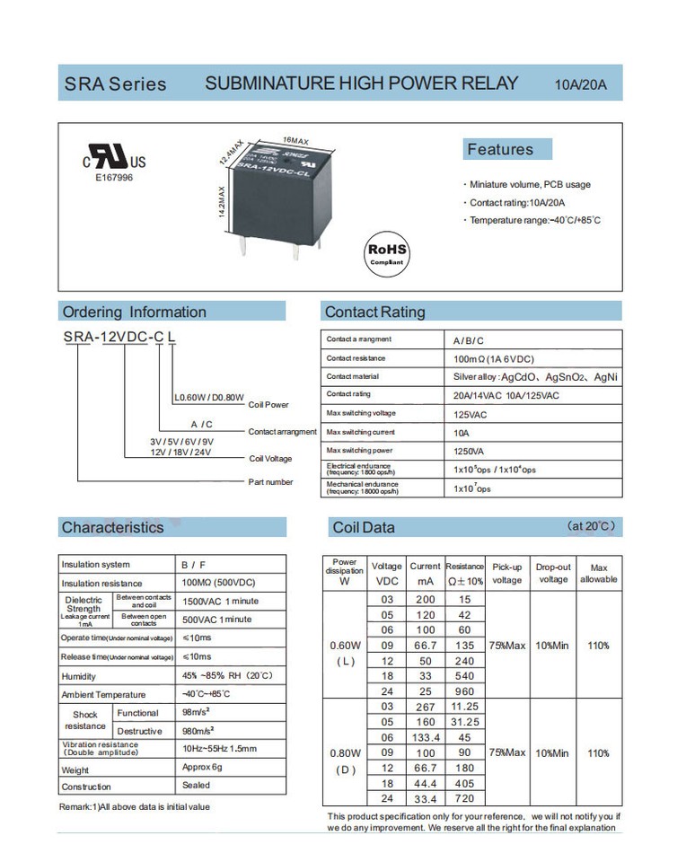 SONGLE SRU-05V DC Power Relays - 12V / 24V / 5V - 5-Pin 10A 22F For PCB (Multiple Options)