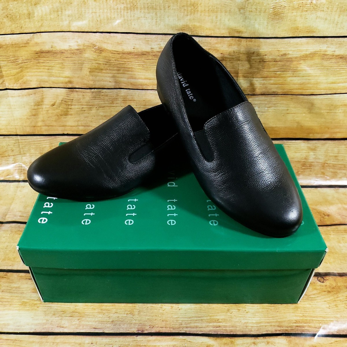 NEW David Tate Womens Lina Black Leather Mini Pebble Grain Loafers Slip On 