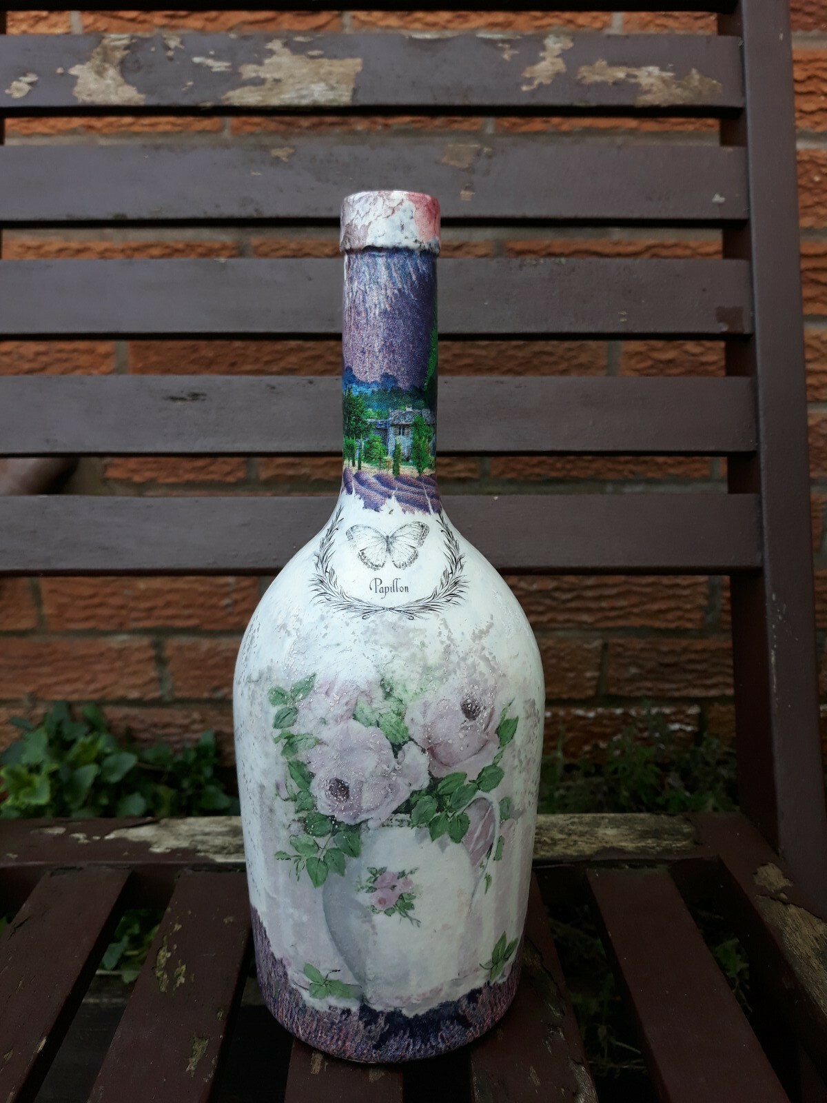 Shabby chic decoupage bottle, upcycled, decorative glass, handmade - Floral