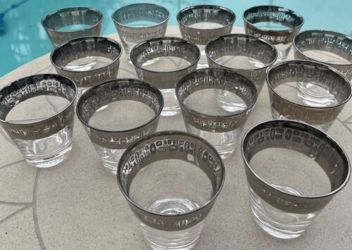 VTG Atomic MCM Rocks Glass 14 Pc Lot Silver Band Canonsburg Temporama Lowball - Picture 2 of 11
