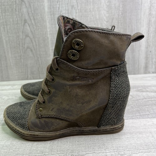 Blowfish Womans Ankle Boot Distressed Faux Leather Tweed Lace Up Wedge Heel Sz 7 - Picture 3 of 14