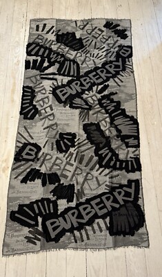 Burberry Schal Graffiti Print Grau Baumwolle Original