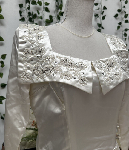 Vintage 40s Candlelight Liquid Satin Wedding Dress Ivory Beaded Train S/M - Picture 5 of 15