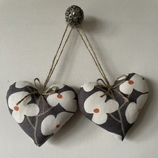 Pair Of Heart Hangers in John Lewis Wallflower Fabric in Dark Grey/Camel ~ 5"
