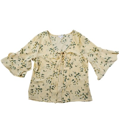 Charming Charlie Top Womens Sz L Butter Yellow Floral Flutter Layered Sleeves
